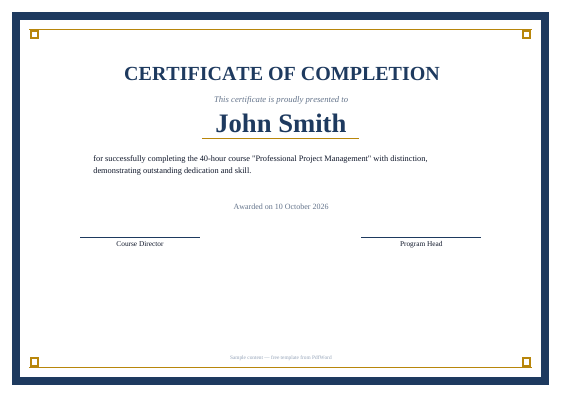 Course completion certificate PDF template preview