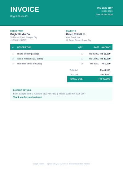 Bold teal invoice PDF template preview