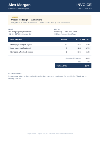 Freelancer invoice PDF template preview