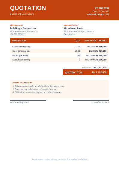 Quotation estimate PDF template preview