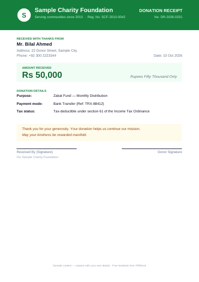 Donation receipt PDF template preview