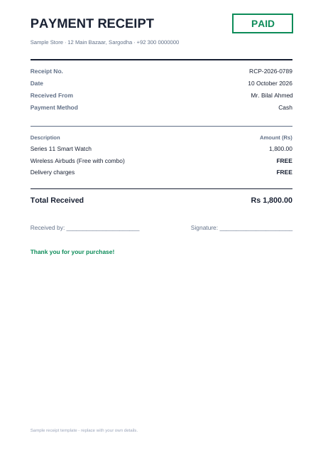 Payment receipt PDF template preview